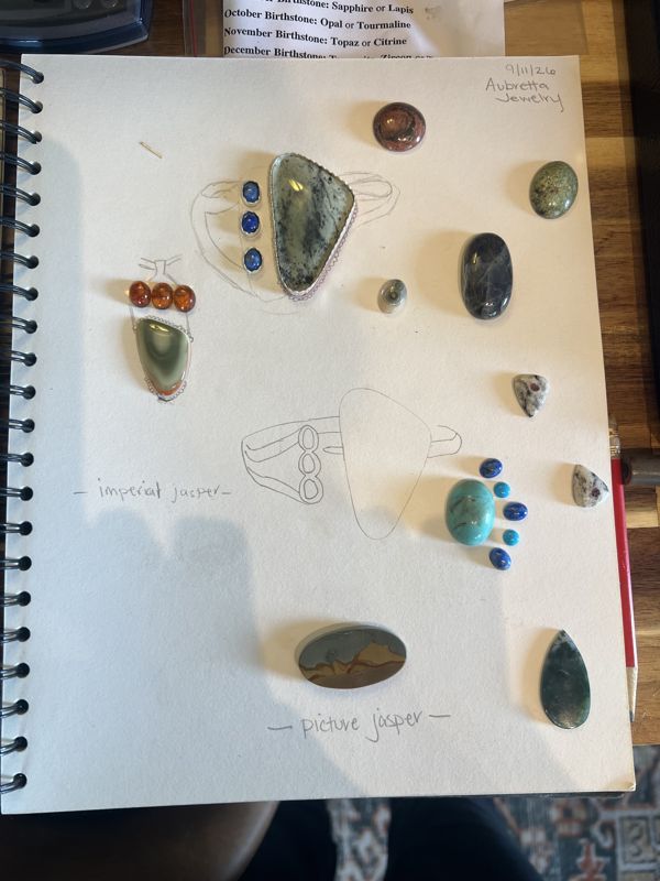 A sketchbook page of cabochon designs with imperial jasper and picture jasper stones