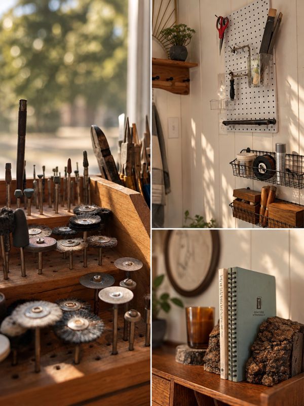 A collage of bur and bit racks, pegboard tools, and books in the studio